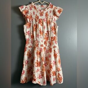 LOFT FLORAL SMOCKED RUFFLE FLARE DRESS, SZ MEDIUM COTTON BLEND